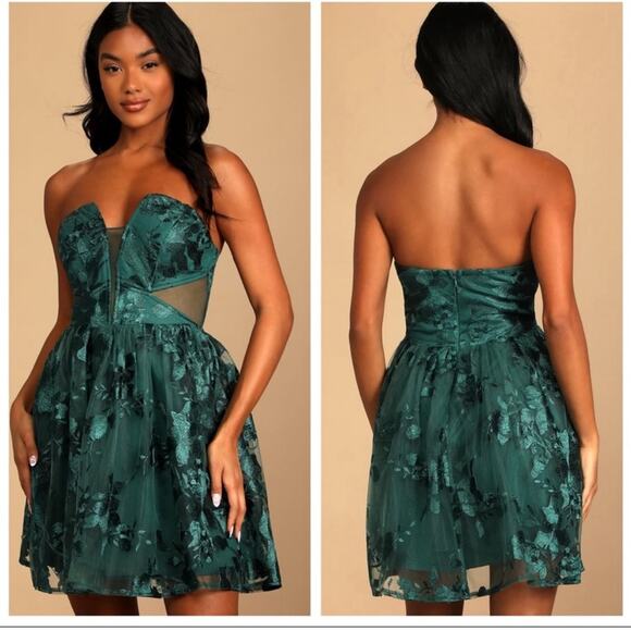 Lulus Magical Mood Emerald Green Embroidered Strapless Skater Mini Dress Small - Picture 1 of 10
